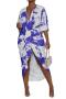 sexy plus size slight stretch tie-dye printed deep v pleated midi dress_Green_Sky Blue_Blue