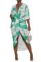 sexy plus size slight stretch tie-dye printed deep v pleated midi dress_Green