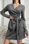 new stylish non-stretch patchwork suede solid color with belt v-neck mini dress_Gray