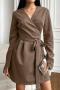 new stylish non-stretch patchwork suede solid color with belt v-neck mini dress_Gray_Brown