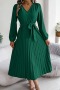 new stylish slight stretch patchwork 5-color v-neck with belt lace-up midi dress_Black_Rose Red_Dark Green