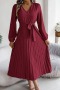 new stylish slight stretch patchwork 5-color v-neck with belt lace-up midi dress_Black_Rose Red