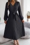 new stylish slight stretch patchwork 5-color v-neck with belt lace-up midi dress_Black