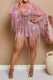sexy plus size slight stretch mesh see-through slim sequins tassel mini dress_Pink