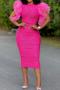 sexy plus size slight stretch ruffle sleeves slim jacquard slit midi dress_Black_White_Magenta