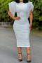 sexy plus size slight stretch ruffle sleeves slim jacquard slit midi dress_Black_White