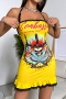 sexy high stretch positioning printing lace stitching halter-neck mini dress_Magenta_Yellow