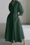 new casual plus-size non-stretch solid color patchwork pocket lapel midi dress_Black_Green