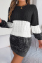 s-l new slight stretch acrylic knit contrast color cable bell sleeve mini dress_Black