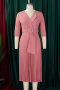 casual plus size slight stretch solid color pleated midi dress(with belt)_Pink