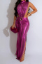 plus size solid color sexy stretch high neck holographic slim split maxi dress_Purple
