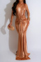 plus size solid color sexy stretch high neck holographic slim split maxi dress_Purple_Gold