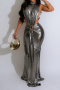 plus size solid color sexy stretch high neck holographic slim split maxi dress_Purple_Gold_Silver