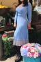 casual slight stretch 3-color knit covering yarn v-neck long sleeve midi dress_Black_Sky Blue