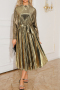 casual plus-size 3-color holographic lattice long sleeve midi dress(with belt)_Red_Gold