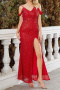 elegant non-stretch solid color sequins high slit sling slim maxi dress_Red