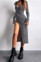 casual slight stretch 3 colors v-neck solid color midi dress_Black_Gray
