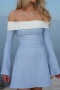 stylish slight stretch color-block off shoulder long sleeve mini dress_Black_Sky Blue
