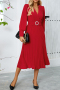 casual plus-size 5-color slight stretch ice fabric v-neck midi dress(with belt)_Black_Red