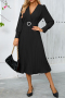 casual plus-size 5-color slight stretch ice fabric v-neck midi dress(with belt)_Black
