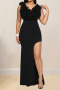 stylish slight stretch solid color sleeveless slit maxi dress_Black