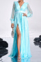 elegant slight stretch mesh stitching padded v-neck sequn maxi dress with belt_Black_Sky Blue