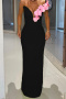 elegant slight stretch 3d flower decor mesh stitching one shoulder maxi dress_Black