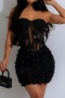 sexy plus size slight stretch tube top tight floral decor with padded mini dress_Black
