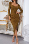 casual slight stretch square neck solid color slit midi dress_Pink_Brown