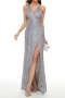 elegant plus size non-stretch padded sling high slit backless sequins maxi dress_Gray