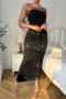 sexy non-stretch fishnet rhinestone hollow slim high slit maxi dress_Black