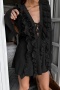 stylish non-stretch pure color v-neck cascading ruffle lace-up mini dress_Black