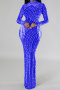 sexy plus-size slight stretch patchwork mesh see-though maxi sparking dress_Black_Red_Sea Blue