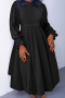 xl-5xl casual plus size stretch solid color balloon sleeve pleated maxi dress_Black