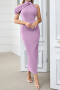 elegant non-stretch crew neck solid color zip-up slit maxi dress_Pink_Light Purple