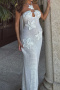 new pure color slight stretch flower decor halter neck hollow sexy maxi dress_White