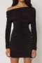 pure color new 4 color off-shoulder high stretch pleated slim mini dress_Black