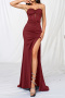 elegant slight stretch pure color padded tube design high slit maxi dress_Black_Rose Red