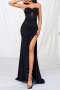 elegant slight stretch pure color padded tube design high slit maxi dress_Black