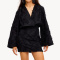 new casual no-stretch patchwork 3-color jacquard long sleeve loose mini dress_Black