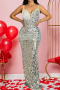sexy plus size non-stretch sling sequins maxi dress with lining and zip-up_Red_Silver