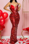 sexy plus size non-stretch sling sequins maxi dress with lining and zip-up_Red