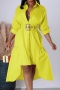 casual plus size non-stretch 5 colors single-breasted with belt midi shirtdress_Black_White_Magenta_Yellow