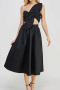 sexy plus size non-stretch one-shoulder sling solid color hollow midi dress_Black
