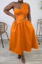 sexy plus size non-stretch one-shoulder sling solid color hollow midi dress_Black_White_Pink_Red_Yellow_Orange