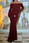 sexy stretch solid color off-shoulder metallic decor slim long sleeve maxi dress_Rose Red