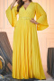 elegant plus size non-stretch solid color pleated maxi dress with belt_Rose Red_Yellow