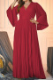 elegant plus size non-stretch solid color pleated maxi dress with belt_Rose Red