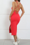 casual stretch solid color with padded slim high slit backless midi dress_Black_White_Red