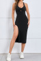 casual stretch solid color with padded slim high slit backless midi dress_Black